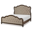 Deborah Queen Bed- Button Tufted Beige Fabric Upholstery- Brown Wood