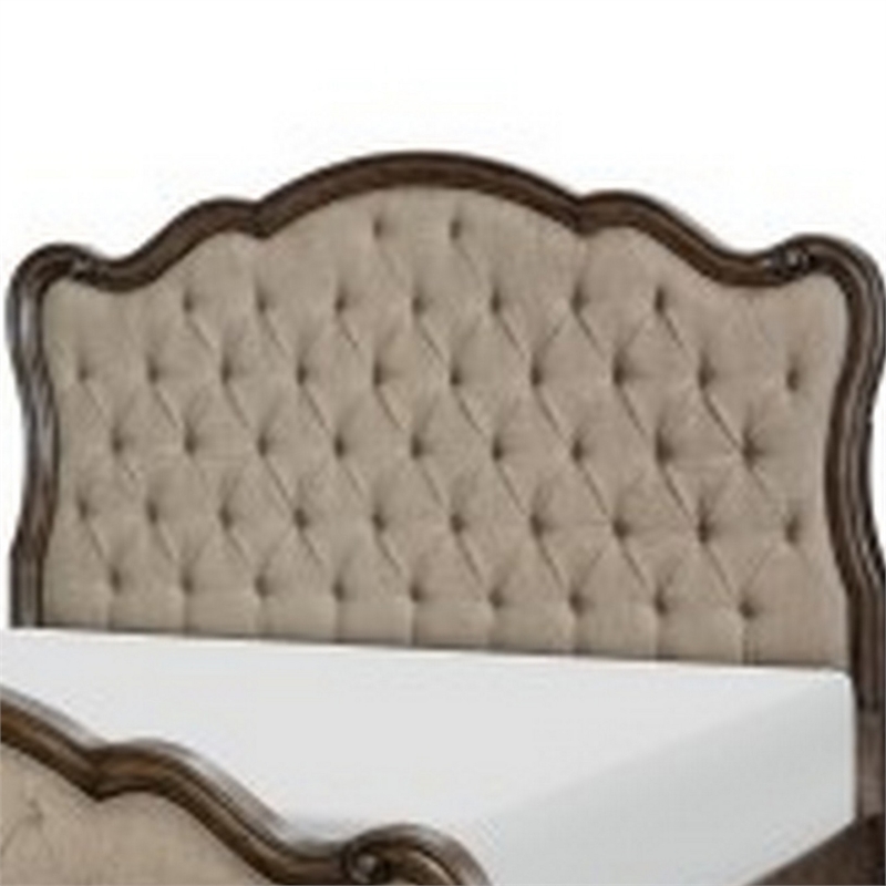 Deborah Queen Bed- Button Tufted Beige Fabric Upholstery- Brown Wood