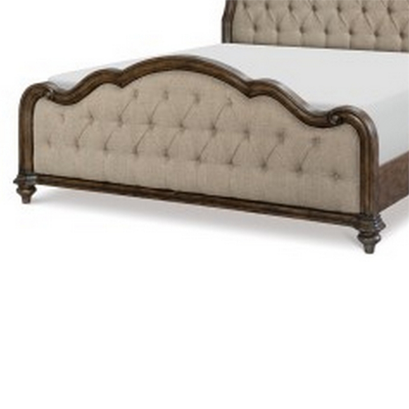 Deborah Queen Bed- Button Tufted Beige Fabric Upholstery- Brown Wood