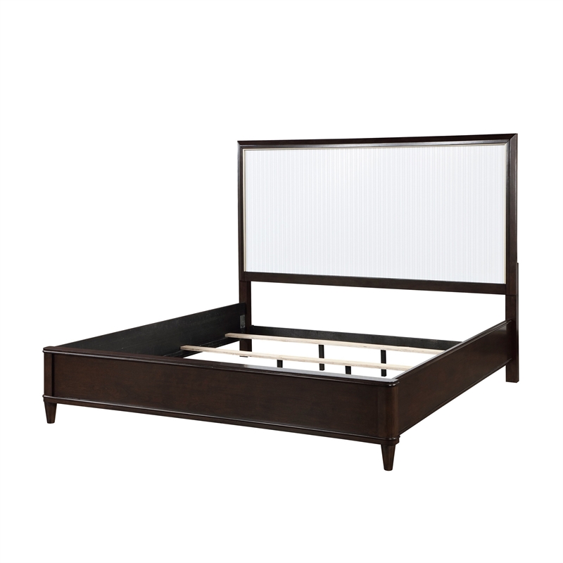 Shim Queen Size Bed with Tall Headboard- White and Cherry Brown Wood