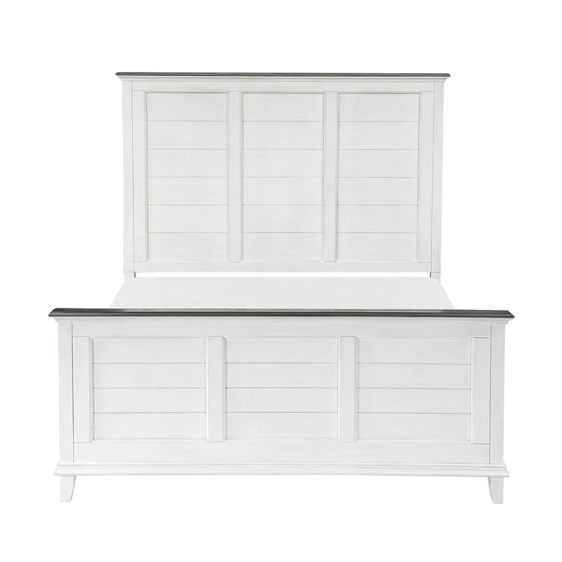 Woki Queen Size Bed- Solid Wood Panel Design- Farmhouse White and Brown