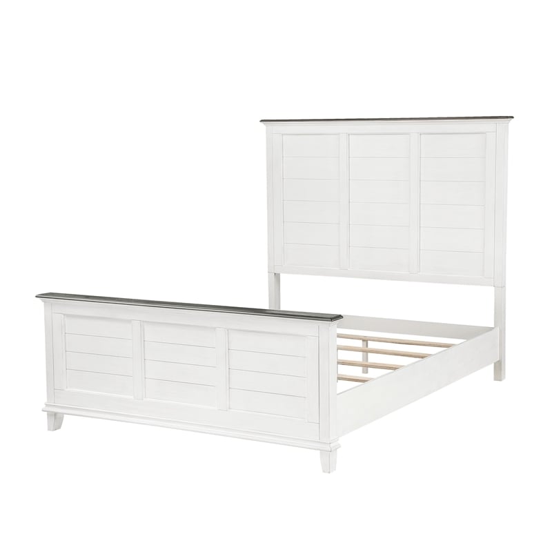Woki Queen Size Bed- Solid Wood Panel Design- Farmhouse White and Brown