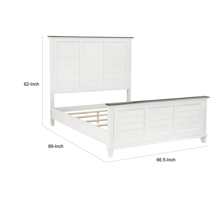 Woki Queen Size Bed- Solid Wood Panel Design- Farmhouse White and Brown