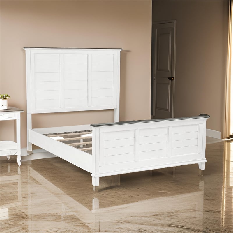 Woki Queen Size Bed- Solid Wood Panel Design- Farmhouse White and Brown