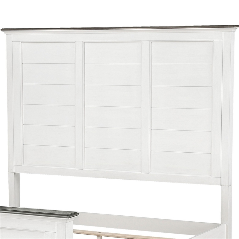 Woki Queen Size Bed- Solid Wood Panel Design- Farmhouse White and Brown