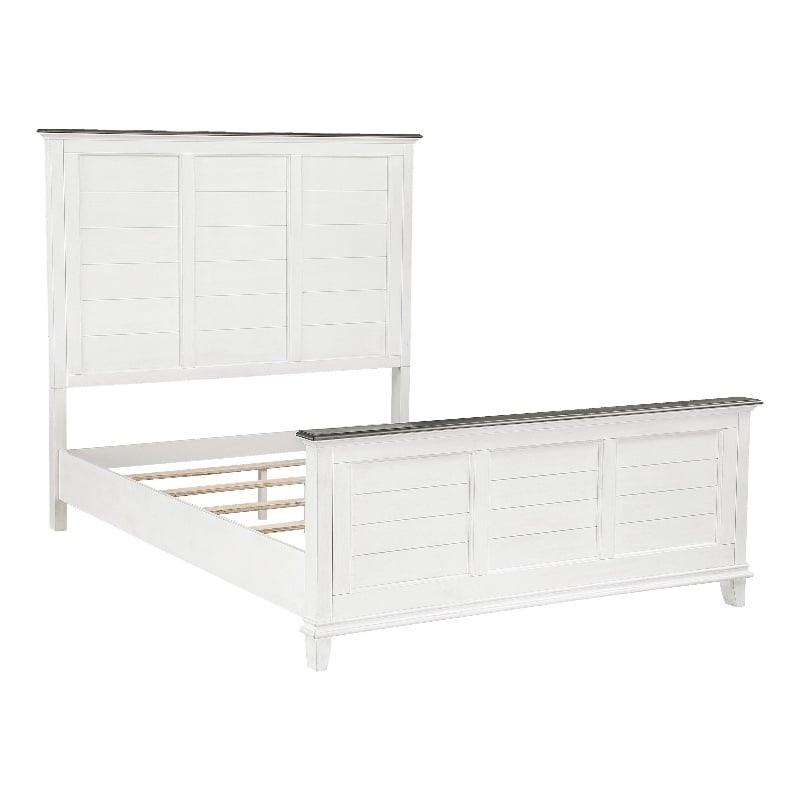Woki Queen Size Bed- Solid Wood Panel Design- Farmhouse White and Brown