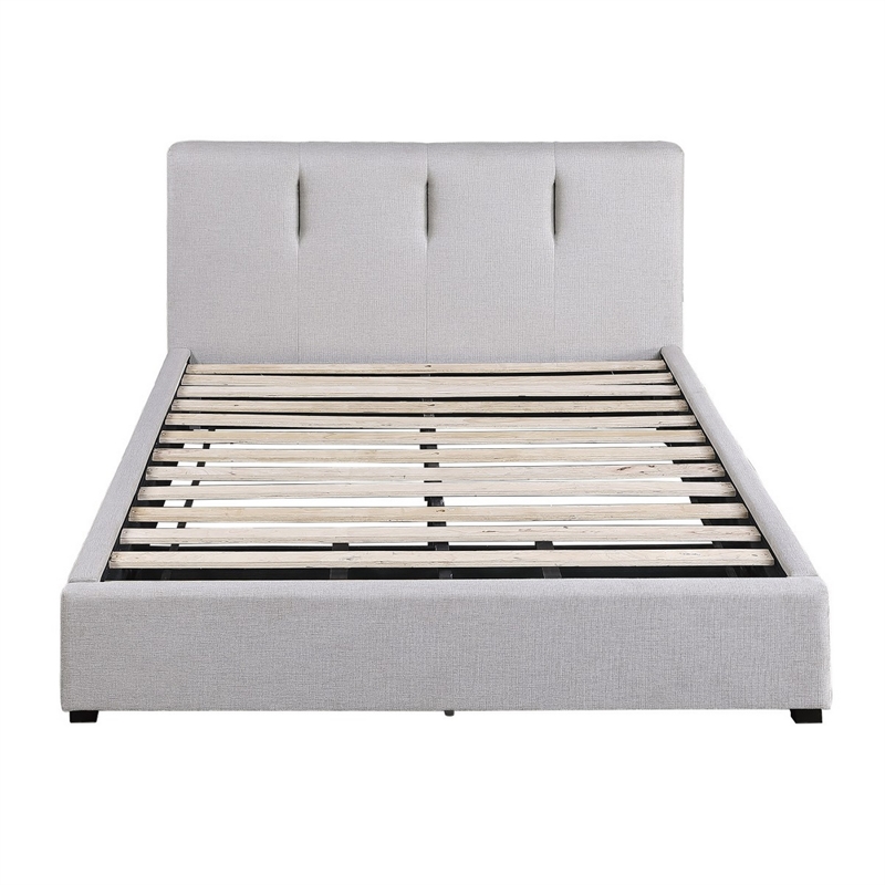 Orra Queen Platform Bed- Tufted Gray Polyester Upholstery- Solid Wood