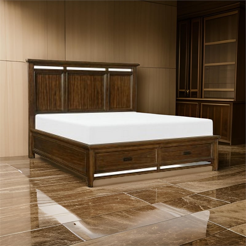 Zian Queen Platform Bed- 2 Drawers with Bar Handles- Brown Cherry Wood