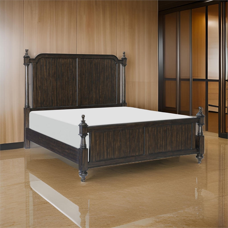 Berey Queen Bed- Classical Column Pilasters- Driftwood Dark Brown Finish