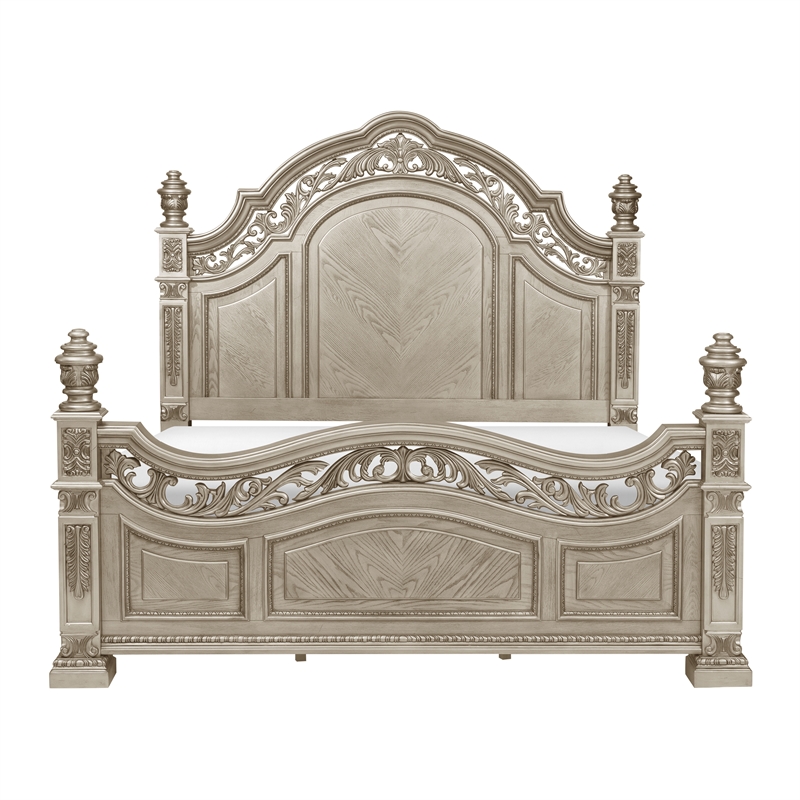 Lumi Queen Bed- Classical Metal Scrollwork- Glossy Platinum and Gold Tones
