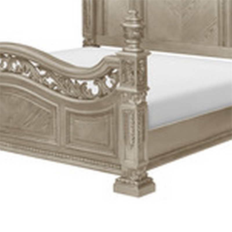 Lumi Queen Bed- Classical Metal Scrollwork- Glossy Platinum and Gold Tones