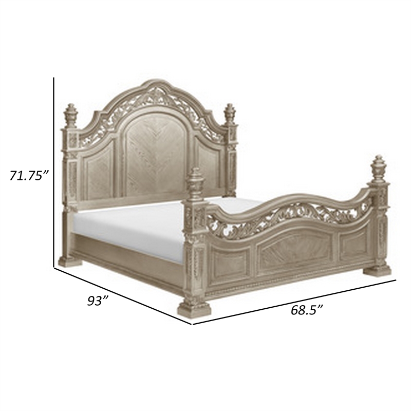 Lumi Queen Bed- Classical Metal Scrollwork- Glossy Platinum and Gold Tones