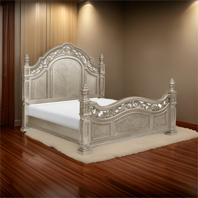 Lumi Queen Bed- Classical Metal Scrollwork- Glossy Platinum and Gold Tones