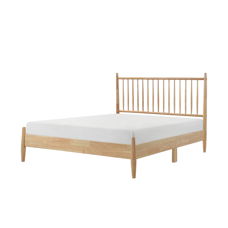 Lika Full Platform Bed- Vertical Slatted Headboard- Natural Brown Wood
