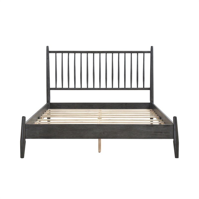 Lika Full Platform Bed- Vertical Slatted Headboard- Charcoal Gray Wood