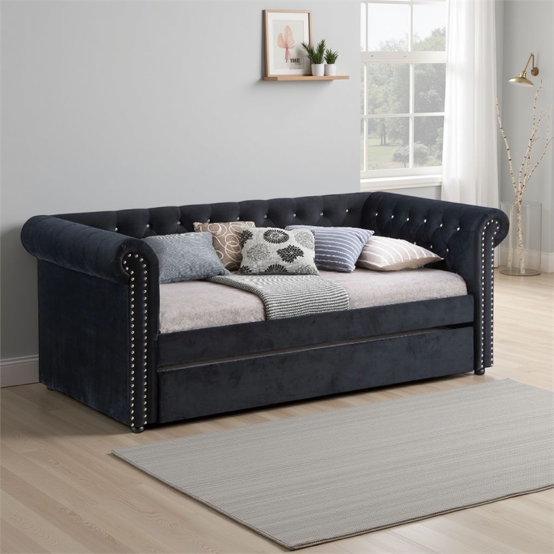 Loe Daybed w Pull Out Trundle- Chesterfield Black Velvet Upholstery