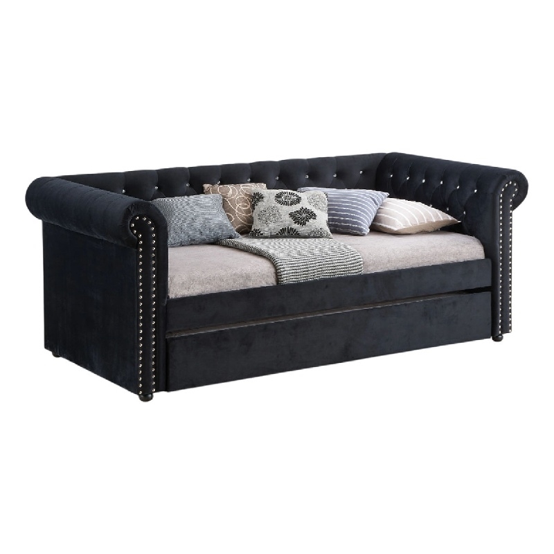 Loe Daybed w Pull Out Trundle- Chesterfield Black Velvet Upholstery