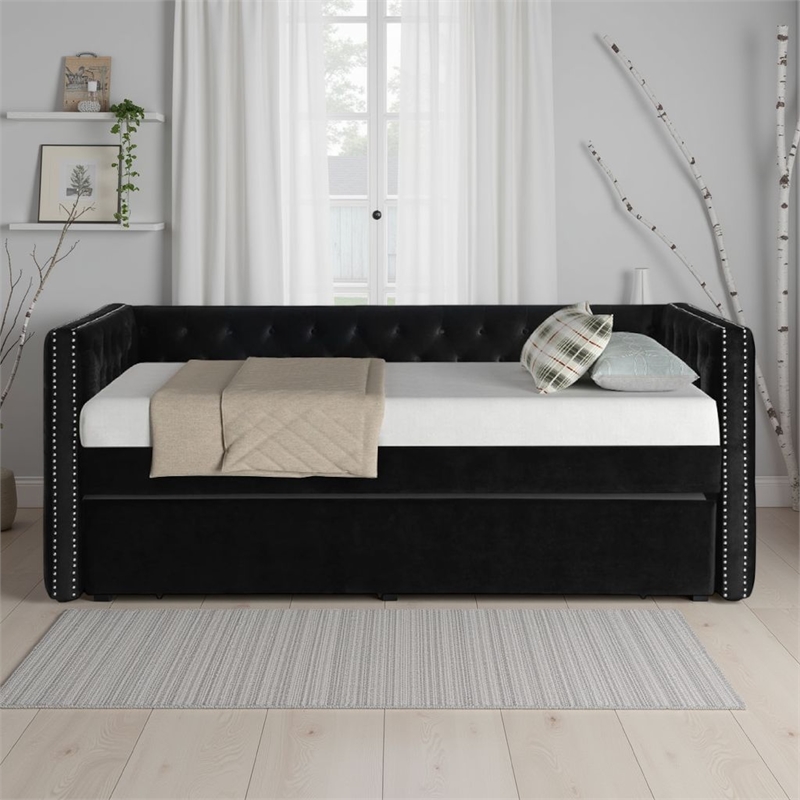 Lem Daybed w Pull Out Trundle- Chesterfield Black Velvet Upholstery
