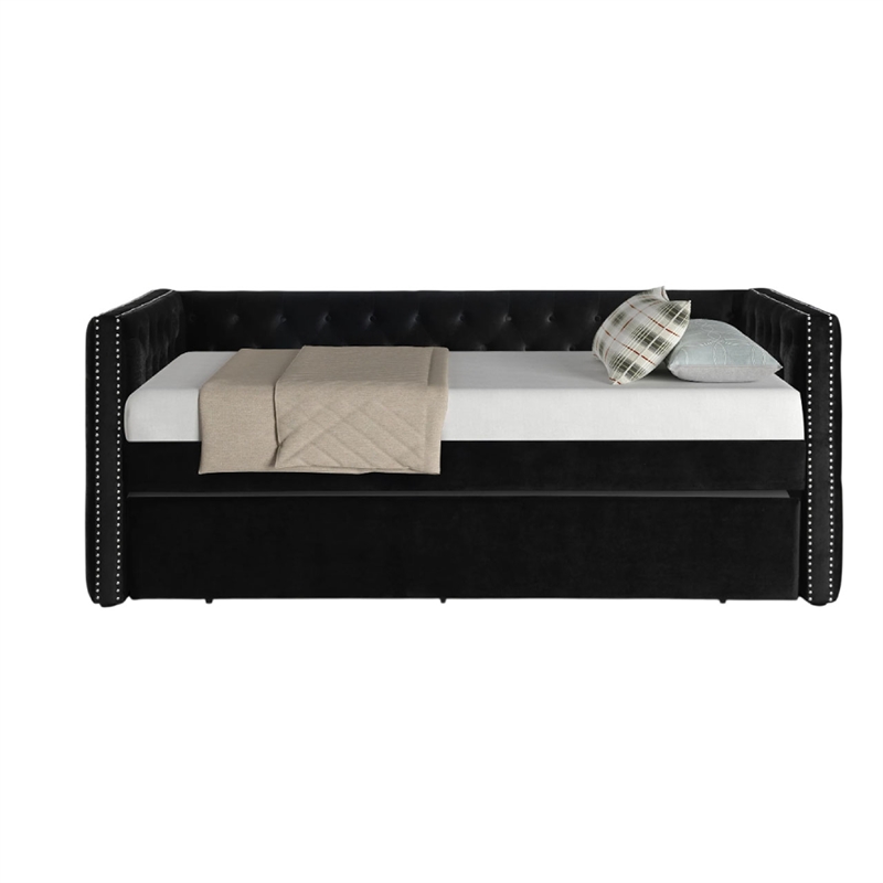 Lem Daybed w Pull Out Trundle- Chesterfield Black Velvet Upholstery
