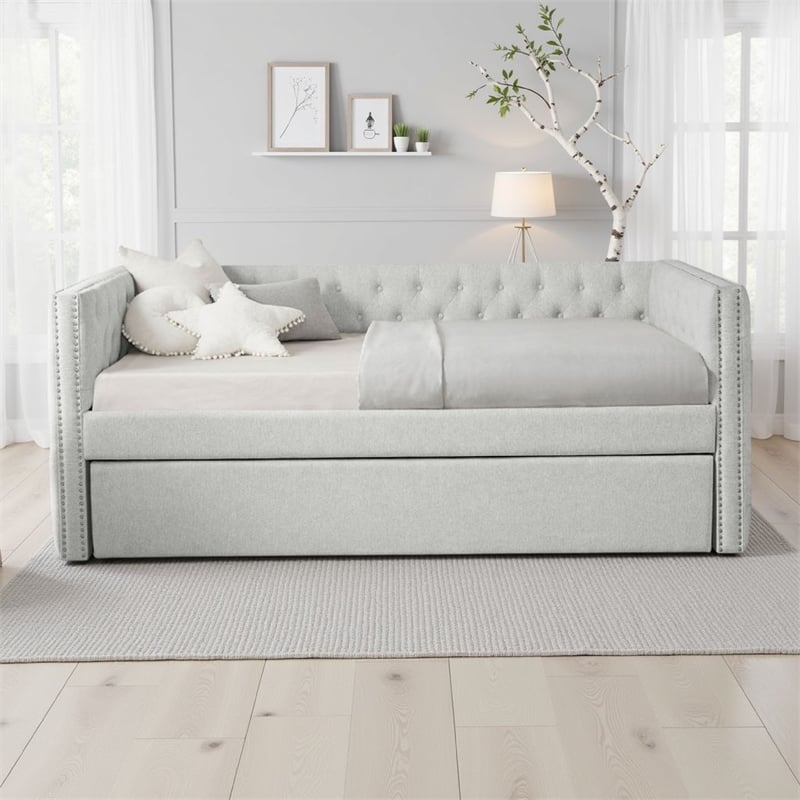 Lem Daybed w Pull Out Trundle- Chesterfield Dove Gray Upholstery