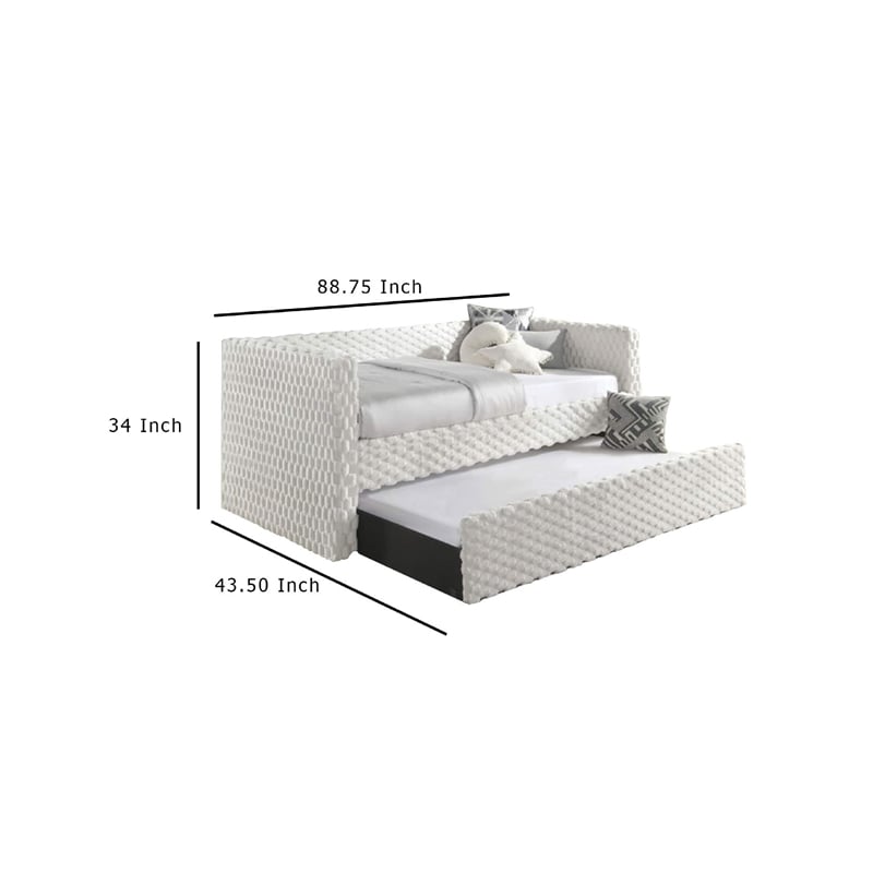 Lya Daybed w Pull Out Trundle- Textured Tufted White Dove Upholstery