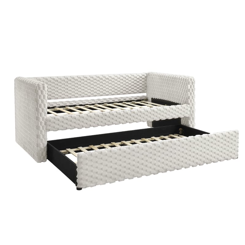 Lya Daybed w Pull Out Trundle- Textured Tufted White Dove Upholstery