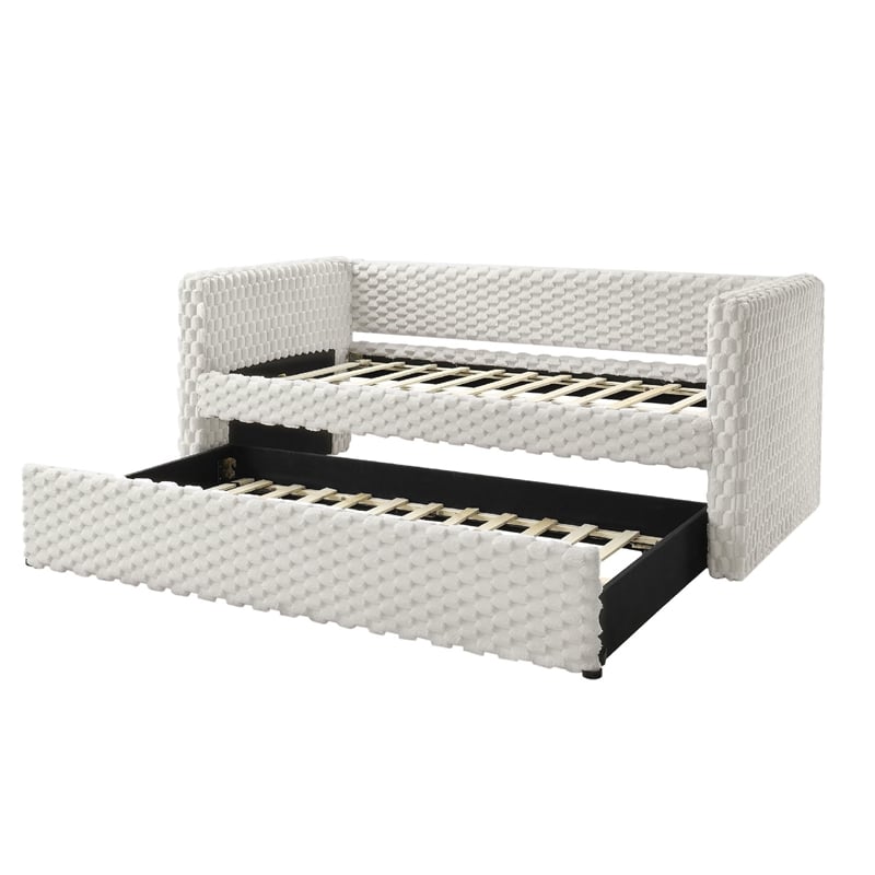 Lya Daybed w Pull Out Trundle- Textured Tufted White Dove Upholstery