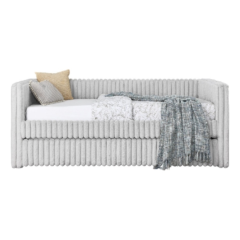 Keya Daybed w Pull Out Trundle- Channel Tufted Light Gray Upholstery