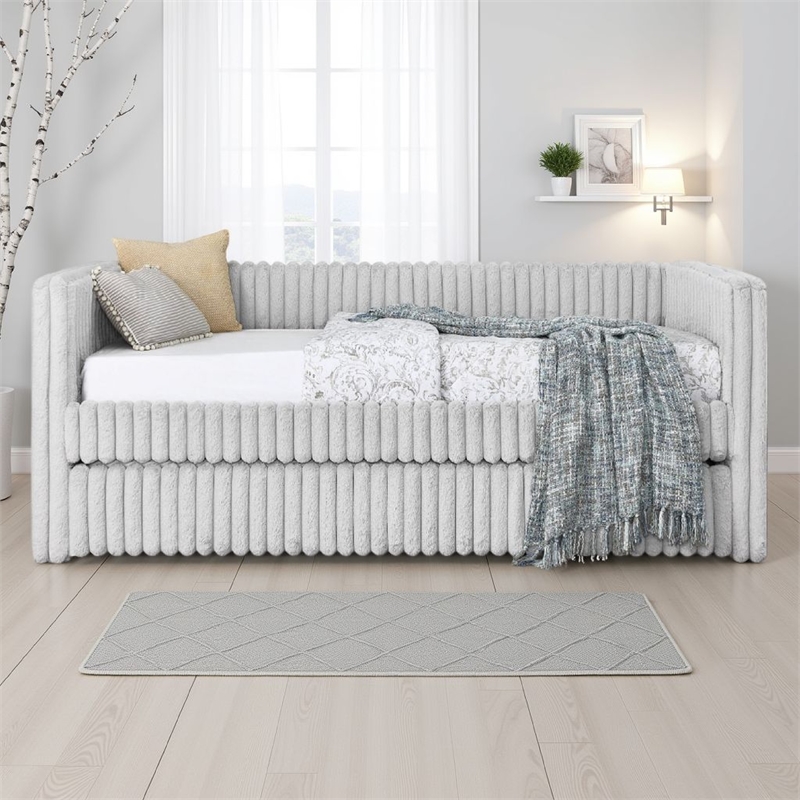 Keya Daybed w Pull Out Trundle- Channel Tufted Light Gray Upholstery