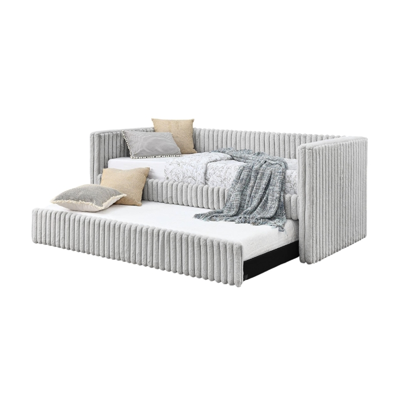 Keya Daybed w Pull Out Trundle- Channel Tufted Light Gray Upholstery