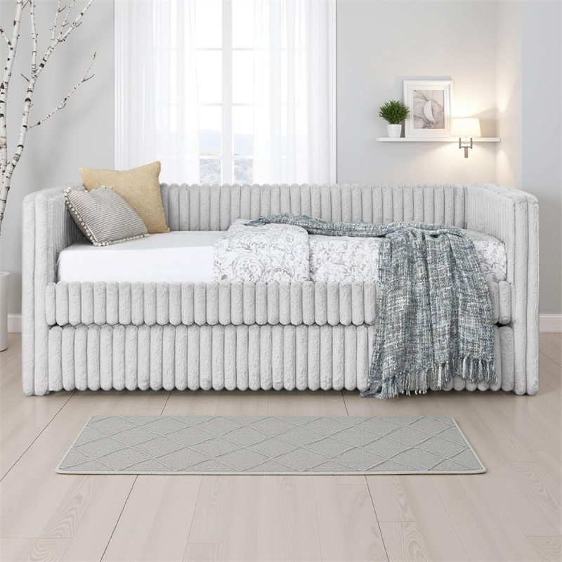 Keya Daybed w Pull Out Trundle- Channel Tufted Light Gray Upholstery