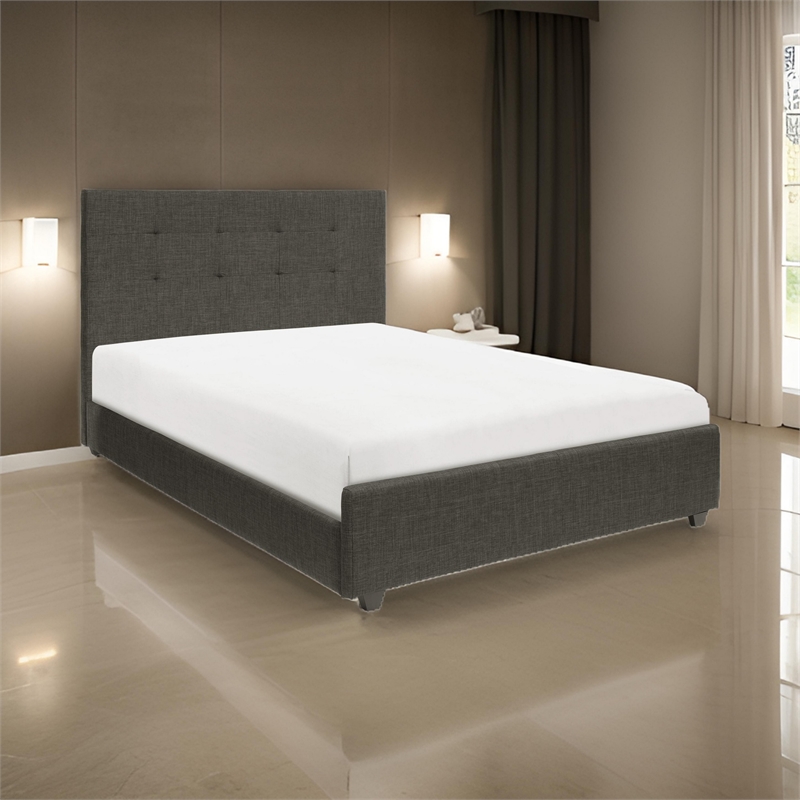 Cady King Size Platform Bed- Tufted Upholstered Headboard- Gray Solid Wood