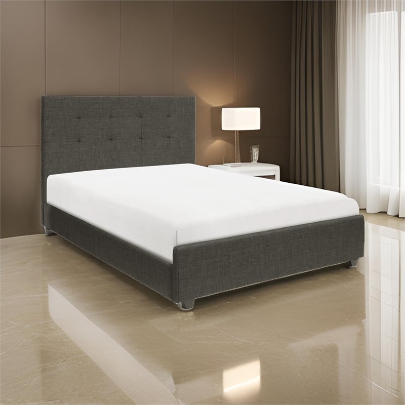 Cady Queen Size Bed with Tufted Upholstered Headboard- Brown- Solid Wood
