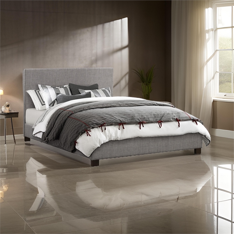 Sin Queen Size Platform Bed- Panel Headboard- Gray Polyester Upholstery