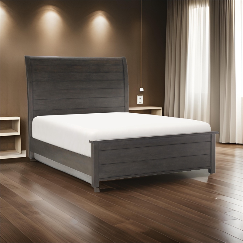Bron Queen Size Bed with Sleigh Headboard Design- Brown Finish- Solid Wood