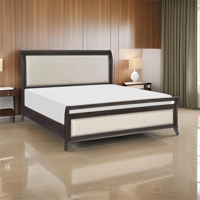 Bron Queen Bed with Sleigh Headboard Design- Beige Upholstery- Solid Wood