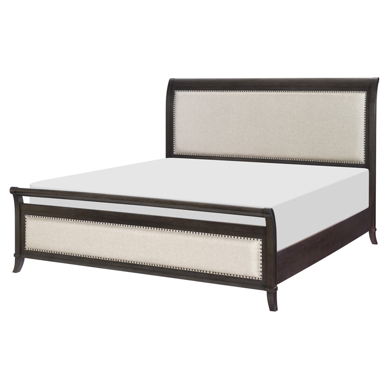 Bron Queen Bed with Sleigh Headboard Design- Beige Upholstery- Solid Wood