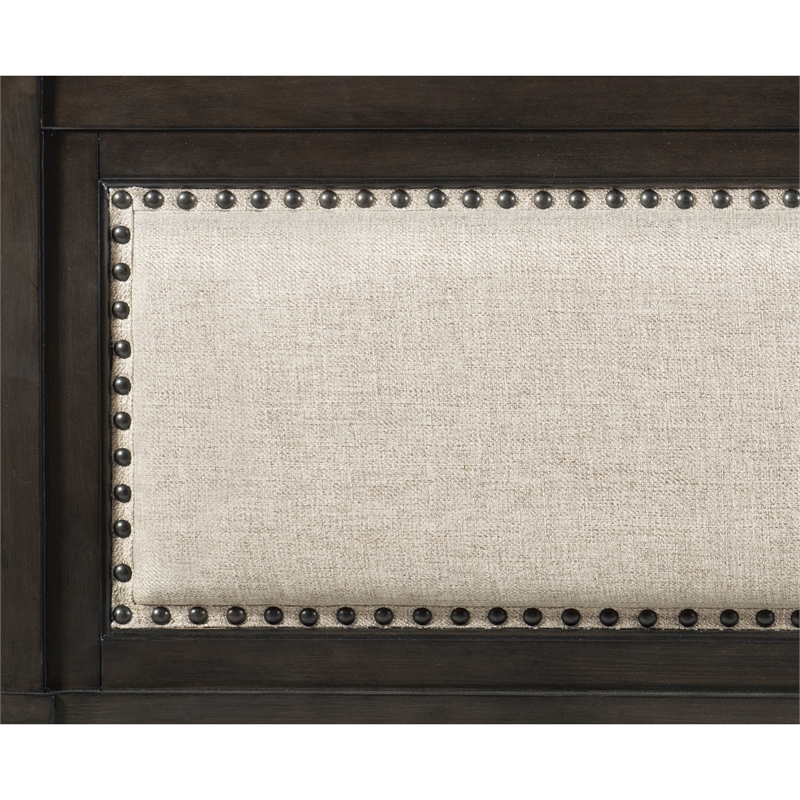 Bron Queen Bed with Sleigh Headboard Design- Beige Upholstery- Solid Wood