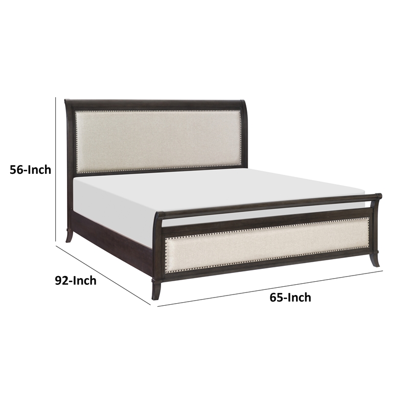 Bron Queen Bed with Sleigh Headboard Design- Beige Upholstery- Solid Wood
