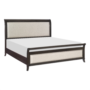 Bron Queen Bed with Sleigh Headboard Design- Beige Upholstery- Solid Wood