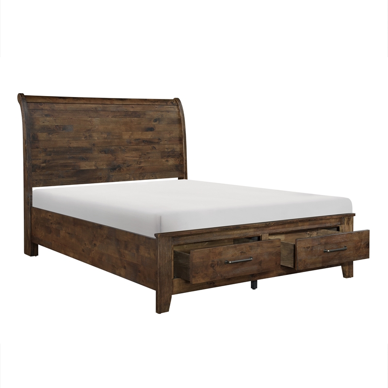 Rick Queen Size Platform Bed- Sleigh- 2 Footboard Storage- Brown Rubberwood
