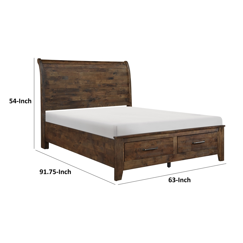Rick Queen Size Platform Bed- Sleigh- 2 Footboard Storage- Brown Rubberwood