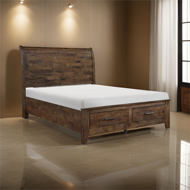 Rick Queen Size Platform Bed- Sleigh- 2 Footboard Storage- Brown Rubberwood