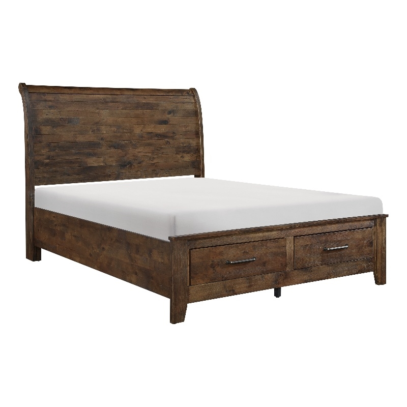 Rick Queen Size Platform Bed- Sleigh- 2 Footboard Storage- Brown Rubberwood