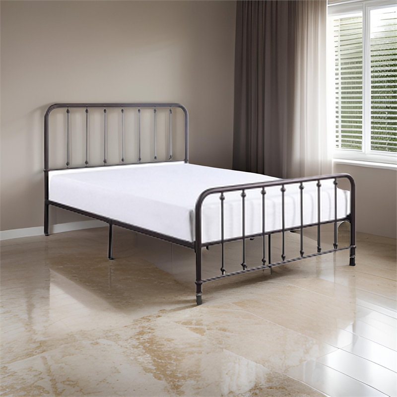 Ken Queen Bed- Vertical Slatted Headboard- Footboard- Dark Bronze Metal