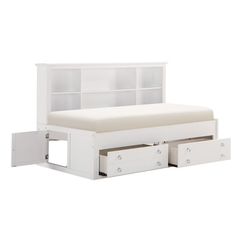 Eso Twin Lounge Bed with Storage Shelf- Cabinet- USB Port- White Birch
