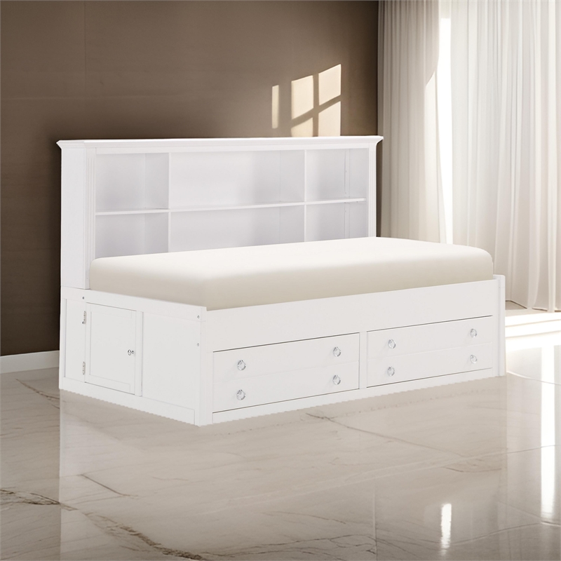 Eso Twin Lounge Bed with Storage Shelf- Cabinet- USB Port- White Birch