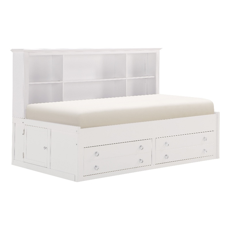 Eso Twin Lounge Bed with Storage Shelf- Cabinet- USB Port- White Birch