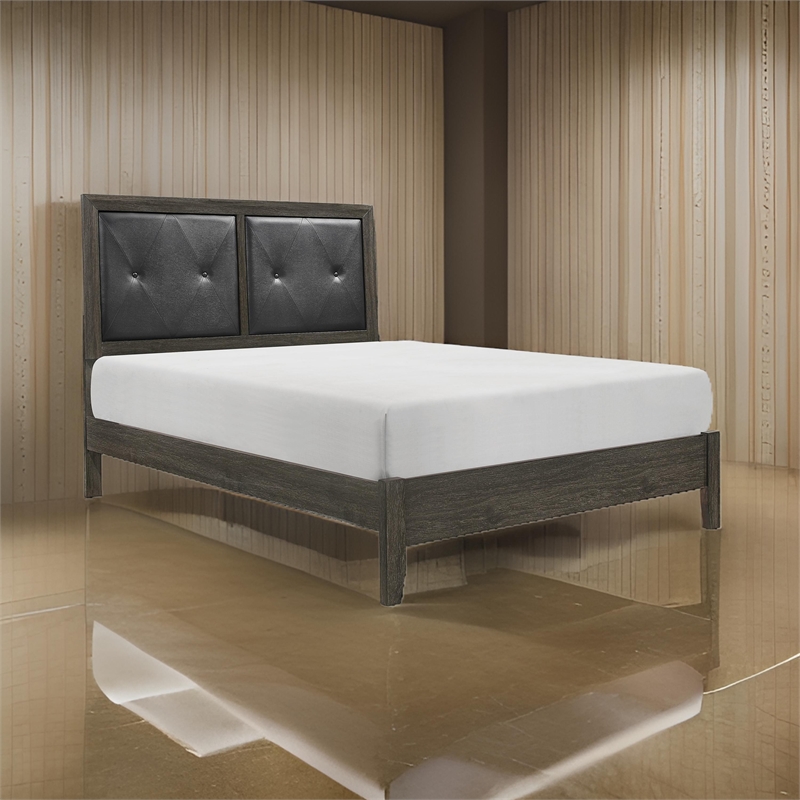 Din Full Size Bed- Button Tufted Faux Leather Upholstery- Gray Wood Veneer