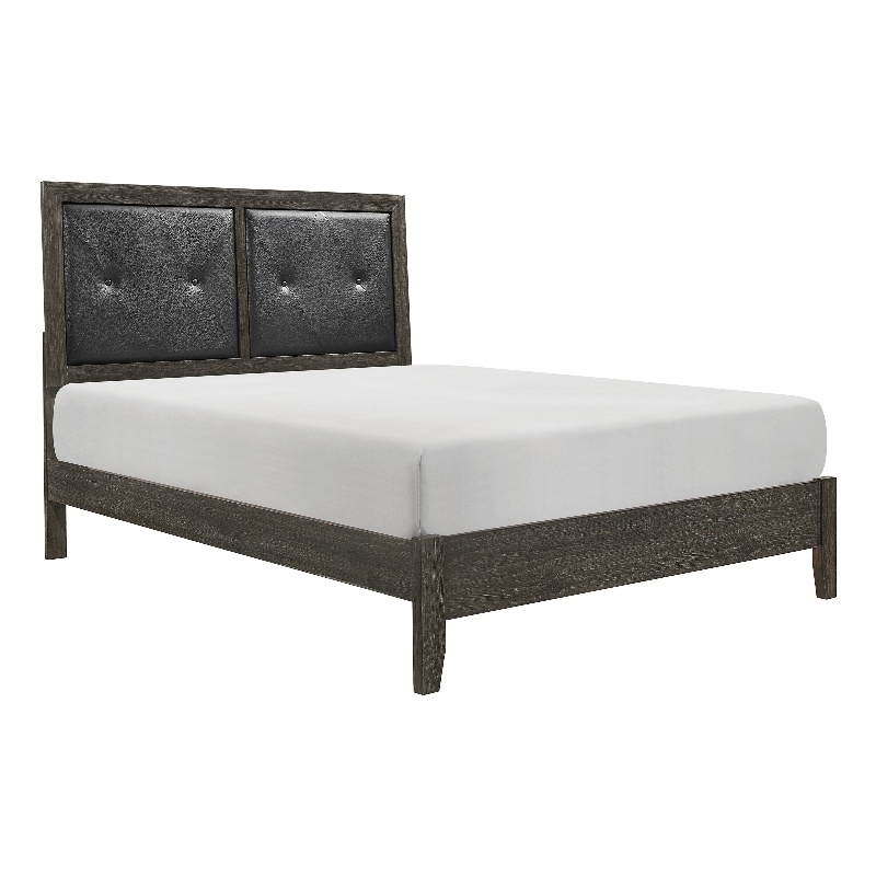 Din Full Size Bed- Button Tufted Faux Leather Upholstery- Gray Wood Veneer